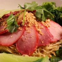Ba Mee Hang Moo Dang · Egg noodles with BBQ pork sweet, and sour sauce, bean sprout, bok choy, ground peanuts, toas...