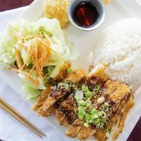 Chicken Katsu · Chicken dredged in Japanese Panko and deep-fried. Drizzled with a semi-sweet and tangy fruit...