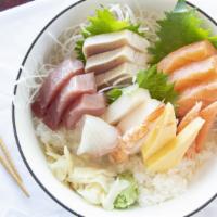 Chirashi Bowl · No rice or vegetable. Assorted fresh sashimi from the sushi bar, served over seasoned sushi ...