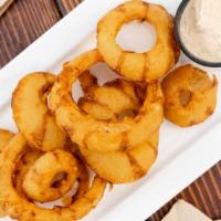 Beer Battered Onion Rings · 10 onion rings, mayonaisse, & habanero sauce