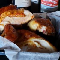 Whole Rotisserie Chicken · Whole roasted chicken Peruvian style, with rustic fries, seasonal salad, ajis cream