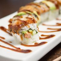 Dragon Roll · California roll topped with eel and avocado. Drizzled with teriyaki sauce