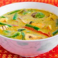 Green Curry · Curry with coconut milk, Thai eggplant, Thai basil, bamboo shoots, green bean, and bell pepp...