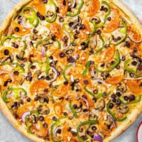 Classic Veggie Pizza · Mozzarella cheese, mushrooms, green peppers, tomato, and onions baked on a 16