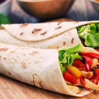 Chicken Fajita Burrito · Chicken, red and green bell pepper, rice, beans, onion, tomato, cilantro, cabbage, cheese, a...