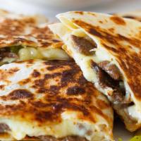 Plt:  Quesadilla W/ Meat · Cheesy quesadilla with your choice of meat on a flour tortilla, rice, beans, and a side salad.