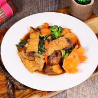 Eggplant · Oriental eggplant, yellow onion, carrot, broccoli, bell pepper and holy basil. Served with s...
