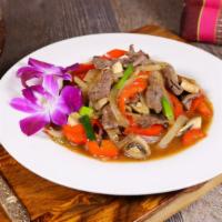 Pad Pik Sod · Hot. Yellow onion slices, jalapeno, green onion, bell pepper and mushroom with chili garlic ...