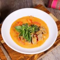 Thai Panang · Gluten free. Thai panang curry sauce with bell pepper, yellow onion and holy basil. Served w...