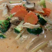 Red Curry · Gluten free. Red curry sauce with bamboo shoot, carrot, bell pepper, mushroom, broccoli and ...