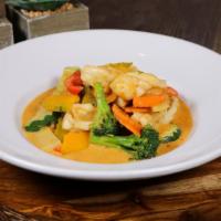 Pumpkin Curry · Red curry sauce with bamboo shoot, carrot, bell pepper, mushroom, broccoli, basil and sliced...