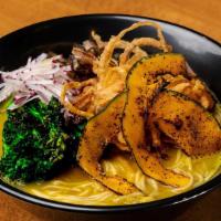 Vegan Coconut Squash Ramen · Butternut squash with coconut milk broth, market-fresh vegetables, and crispy onions.