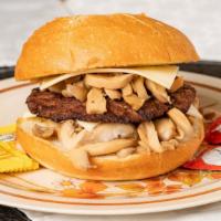 Grilled Mushroom Burger · Beef patty, grilled onion & mushrooms, Swiss cheese - 2 pieces & mayo.