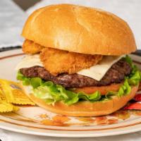 Surf & Turf Burger · Lettuce, tomato - 2 pieces, prawns, Swiss cheese, mayo & house sauce.