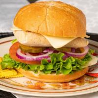 Tofu Burger · Onion, pickles, lettuce, tomato, mayo, swiss cheese & teriyaki sauce.