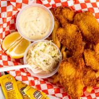 Prawn Dinner · Hand battered, served with french fries, coleslaw & homemade tartar sauce.  6 pieces, batter...