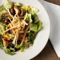 Fajita Chicken Salad · Grilled fajita chicken, romaine lettuce, black beans, cheese, tortilla strips, pico de gallo...