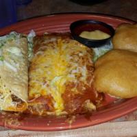Veracruz · Two fried jumbo shrimp, two enchiladas, and one taco