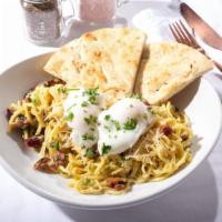Pasta De Breakfast · Breakfast carbonara made with fresh thick spaghetti pasta tossed in a creamy egg and Parmesa...