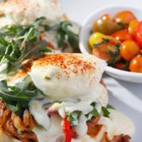 Boise Sweet · Locally sourced chicken and sun-dried tomato sausage atop a bed of arugula on an English muf...