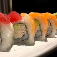 Rainbow · Crab, avocado roll topped with assorted sashimi and ponzu sauce