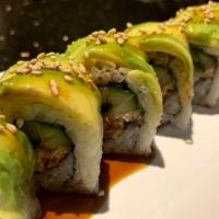 Caterpillar · Eel and cucumber roll topped with avocado and eel sauce