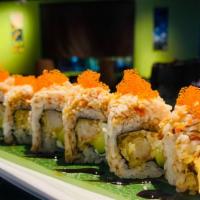 Tiger Roll · Tempura Shrimp with cream cheese topped with crab mix, eel sauce, and tobiko