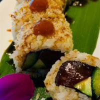 Firecracker · spicy.Tuna, cucumber, and avocado rolled in crunchies and topped with eel sauce and chili