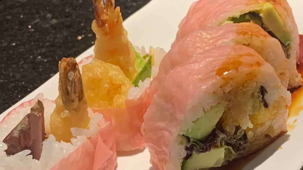 Flamingo · Shrimp tempura, cucumbers avocado, and lettuce wrapped in soy paper and eel sauce.