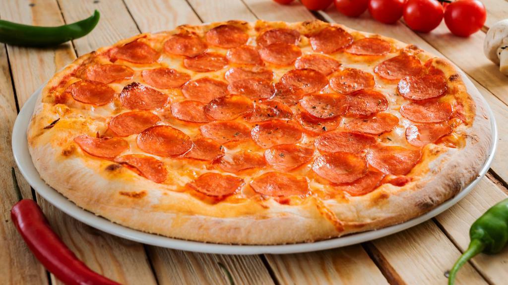 Pepperoni Pizza · Freshly baked cheese pizza topped with pepperoni.