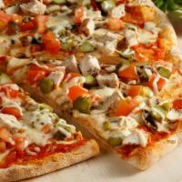 Chicken Tikka Pizza With Veggies · Freshly baked cheese pizza topped with chicken with buffalo sauce, and fresh vegetables.