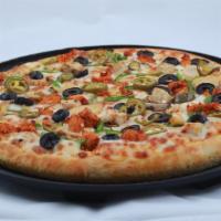 Beef Tikka Pizza · Freshly baked cheese pizza topped with diced beef.