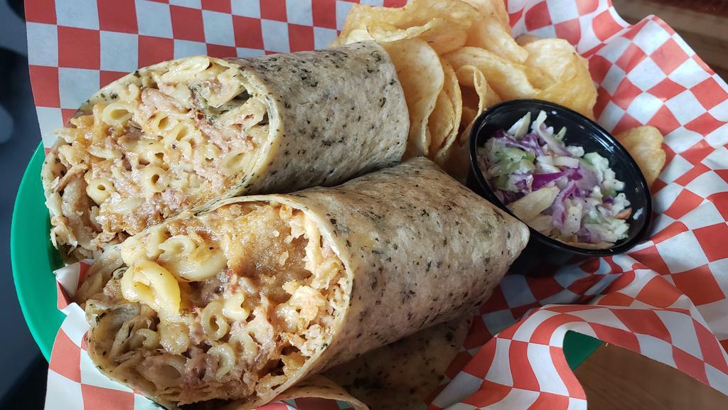 Pig'N Mac Wrap - · Smoked pulled pork, mac and cheese and fried onions wrapped in a flour tortilla.