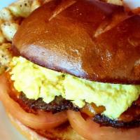 Commuter Sandwich · Sausage, egg and cheddar cheese on a toasted brioche bun. Served with a side of savory break...