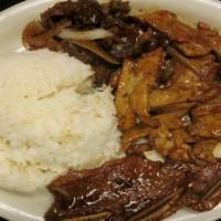 Bbq Mix · Hawaiian BBQ short ribs, BBQ beef, BBQ chicken, rice and mac salad.