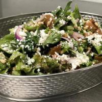Pear Salad · mixed greens, toasted pine nuts, roasted pears, red onion, goat cheese, raspberry vinaigrette