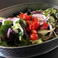 House Salad · mixed greens, cherry tomatoes, red onion, dressing of choice
