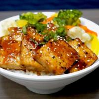 Small Bowl - Tofu Teriyaki Bowl* · Stir-fry tofu in garlic butter and teriyaki sauce served with white rice and steamed vegetab...