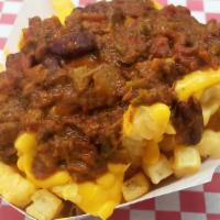Homemade Chili Cheese Fries · We smother these fries in our melted cheddar cheese sauce and house made chili.