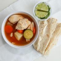 Caldo De Pollo · Chicken breast and drumstick in a homemade broth fresh vegetables (carrot, potatoes, zucchin...