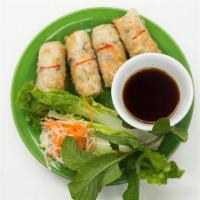 Vegetarian Crispy Rolls (4) / Cha Giò Chay · Crispy rolls with tofu, taro root, finely chopped vegetables, and a side of ginger soy sauce.