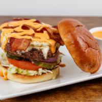 New!: Humpty Dumpty Breakfast Burger · A burger patty topped with a fried egg with lettuce, tomato, onion, melted white American ch...