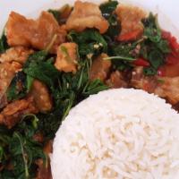 Ka Pow Moo Krob · Crispy pork stir-fried with holy basil, onion, and bell pepper.