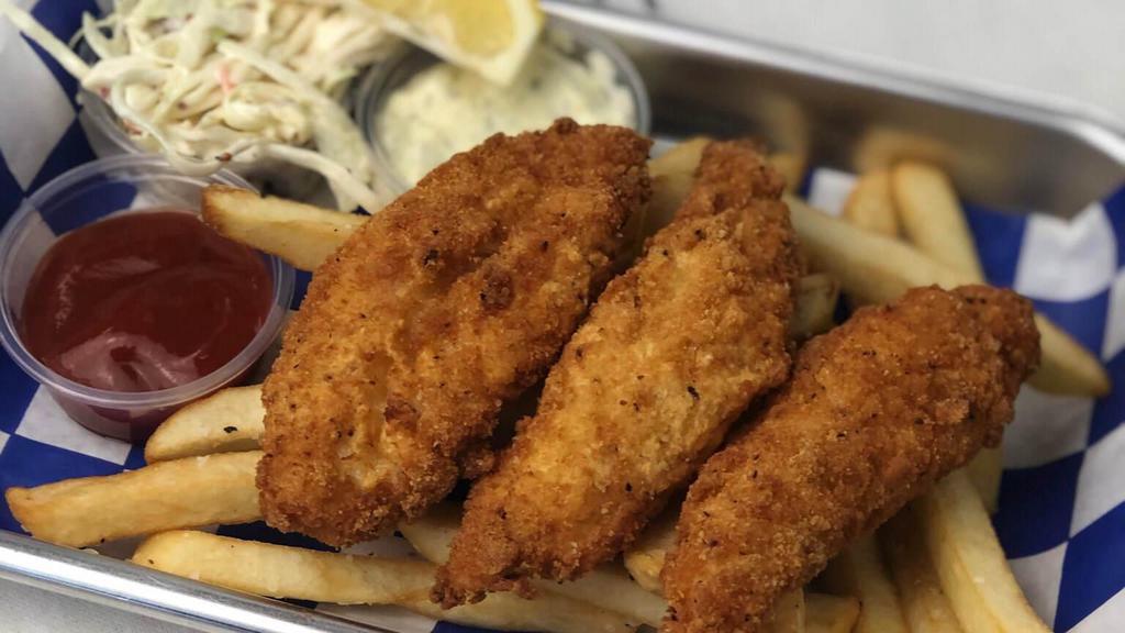 Fish And Chips - D · 3 pieces crispy panko and cracker meal breaded Alaskan cod with fries, slaw and tarter sauce