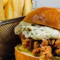 Fried Chicken Sandwich (Tue - Fri Lunch Only) · Crispy fried chicken on a Macrina brioche bun with jalapeno ranch and dill pickle chips.  Se...