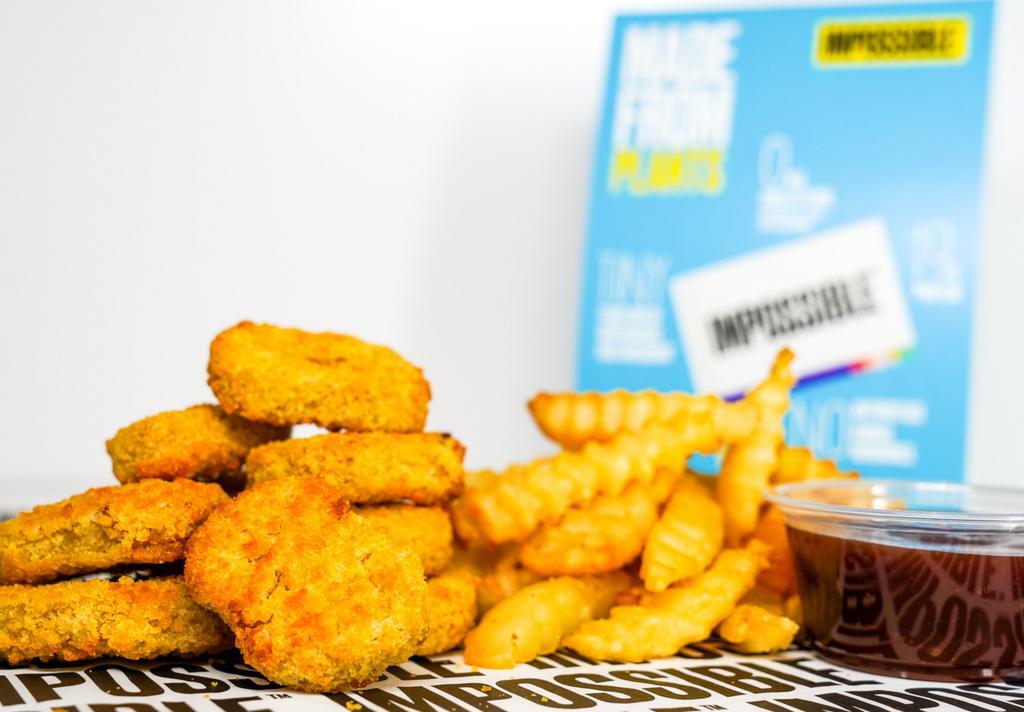 10 Impossible Chicken Nuggets · 10 Crispy Impossible chicken nuggets fried to perfection and served with fries along with your choice of dipping sauce