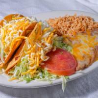 Taco Plate - Hard · Three hard shell corn tacos, choice of beef or chicken, comes with lettuce, tomatoes, cheese...