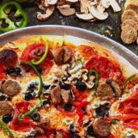 Pie Hole Combo · Pepperoni, sausage, black olives, mushrooms, red & green bell peppers.