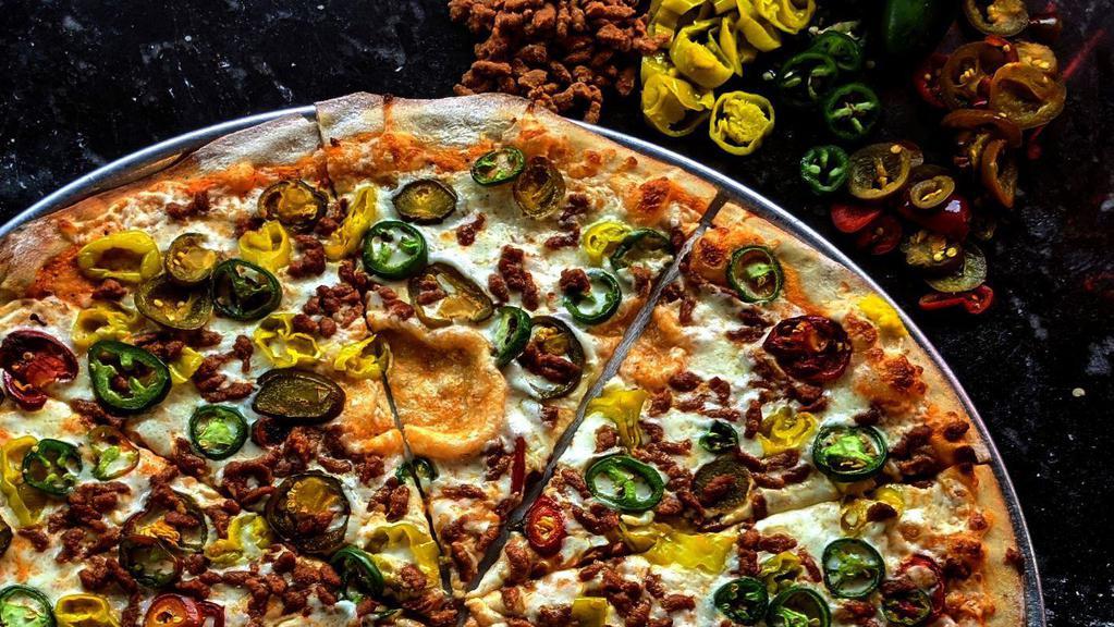 Doomsday Pepper · Hot wing sauce, Mexican chorizo, jalapenos, cherry peppers, pepperoncini, sprinkled with pepper jack cheese