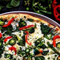 Green Goddess · Pesto, spinach, green onion, jalapenos, red & green bell peppers